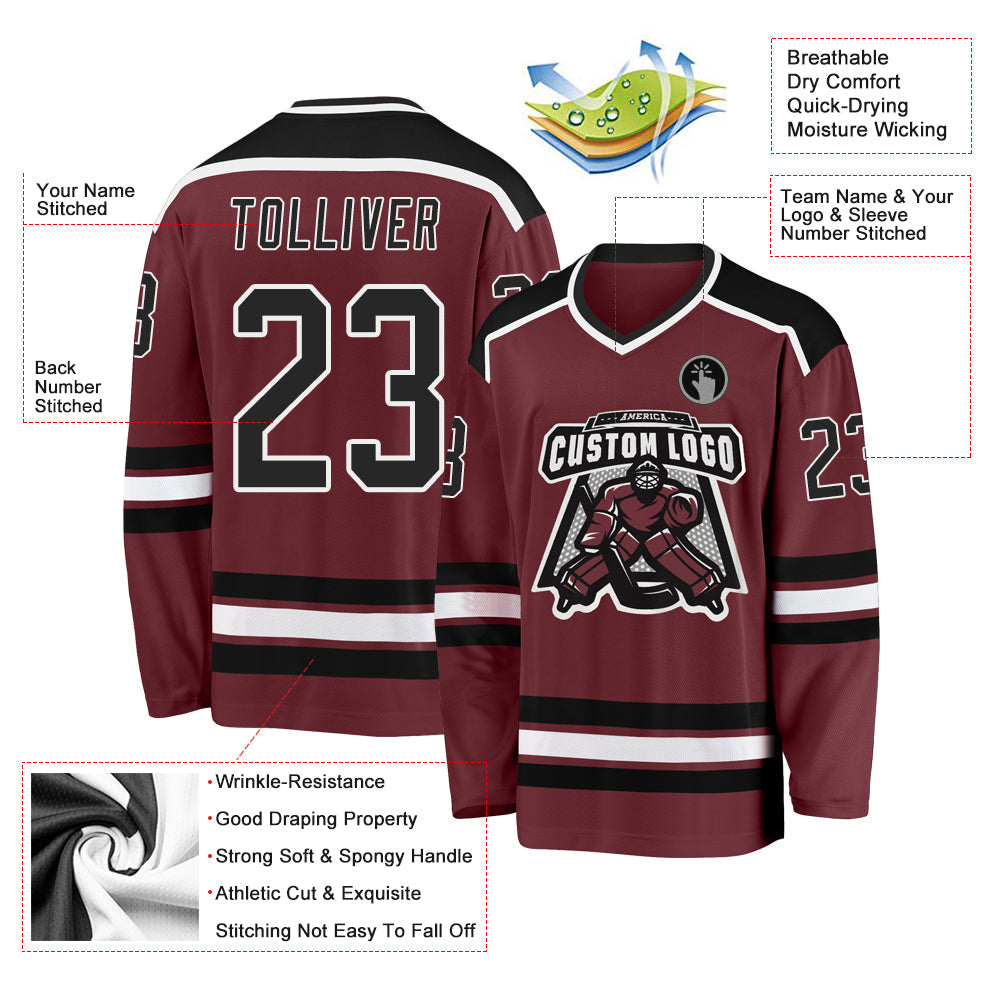 Custom Burgundy Black-White Hockey Jersey - Sky-Custom
