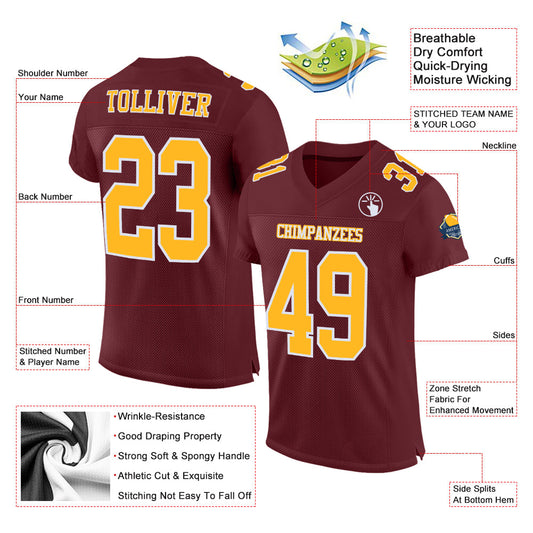 Custom Burgundy Gold-White Mesh Authentic Football Jersey - Sky-Custom
