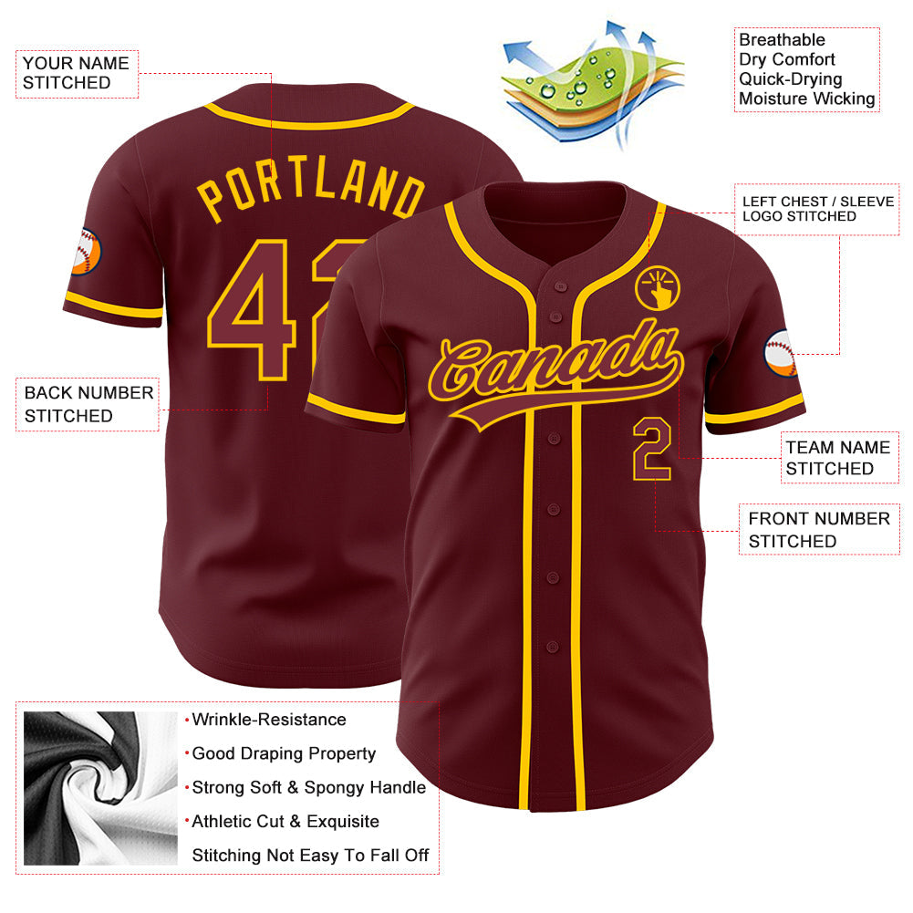 Custom Burgundy Yellow Authentic Baseball Jersey - Sky-Custom