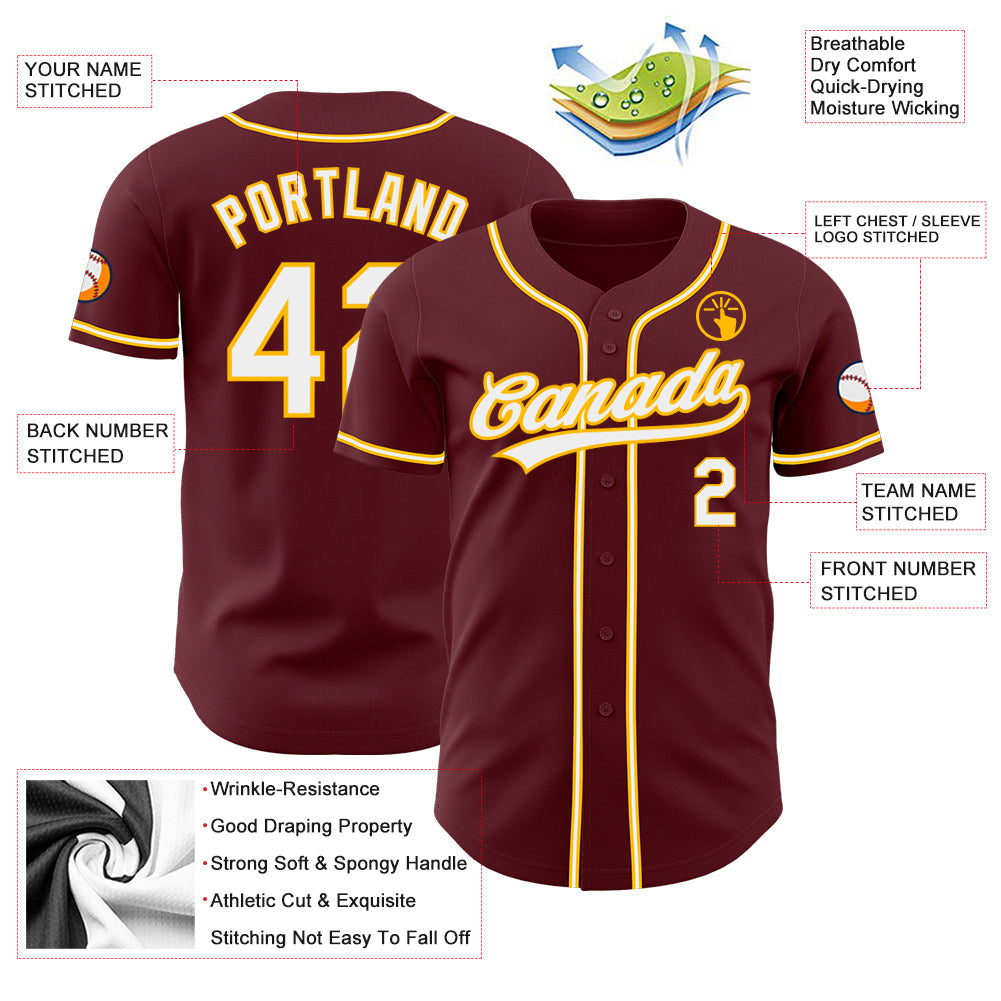 Custom Burgundy White-Gold Authentic Baseball Jersey - Sky-Custom