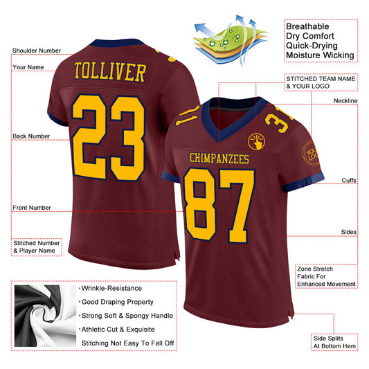 Custom Burgundy Gold-Navy Mesh Authentic Football Jersey - Sky-Custom