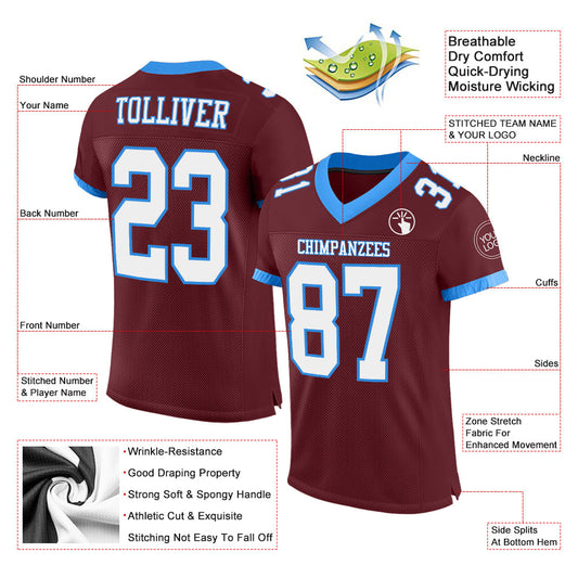 Custom Burgundy White-Powder Blue Mesh Authentic Football Jersey - Sky-Custom