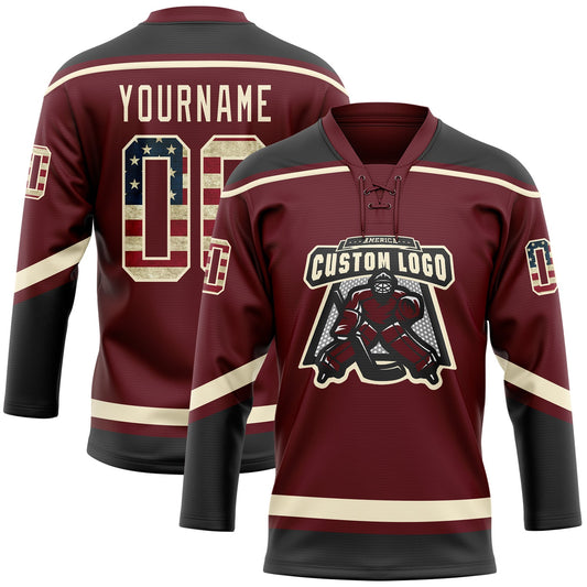 Custom Burgundy Vintage USA Flag Black-Cream Hockey Lace Neck Jersey - Sky-Custom