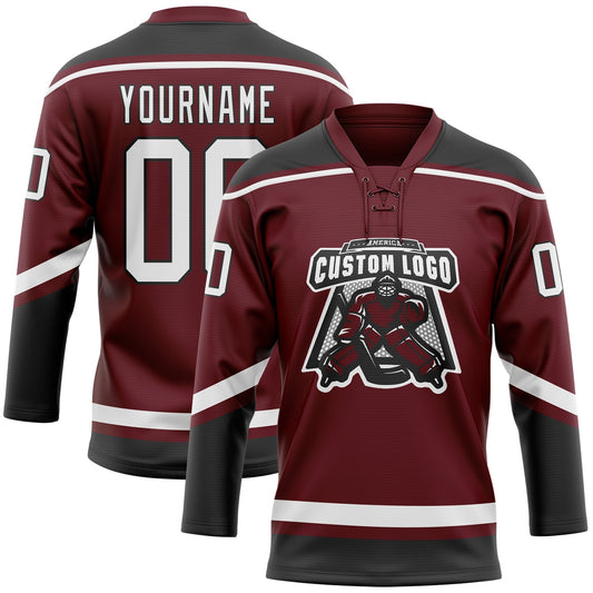 Custom Burgundy White-Black Hockey Lace Neck Jersey - Sky-Custom