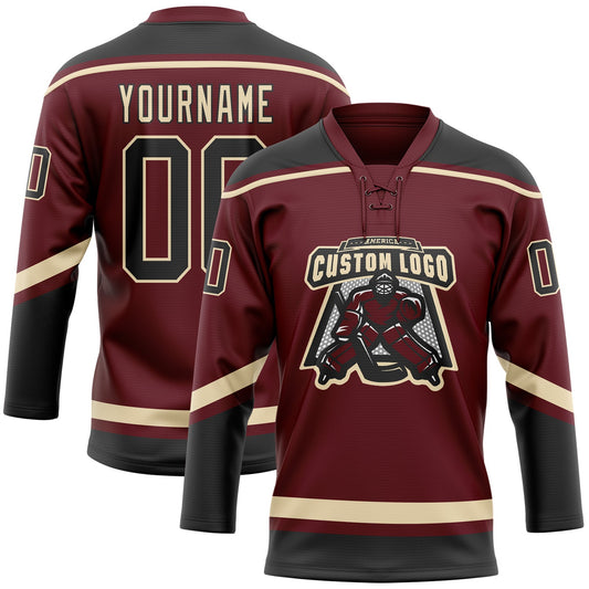 Custom Burgundy Black-City Cream Hockey Lace Neck Jersey - Sky-Custom