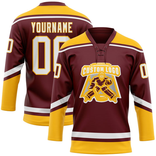 Custom Burgundy White-Gold Hockey Lace Neck Jersey - Sky-Custom