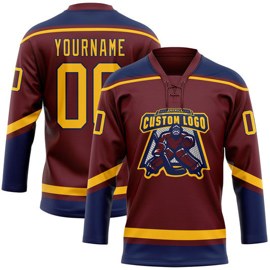 Custom Burgundy Gold-Navy Hockey Lace Neck Jersey - Sky-Custom
