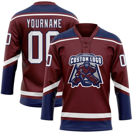 Custom Burgundy White-Navy Hockey Lace Neck Jersey - Sky-Custom