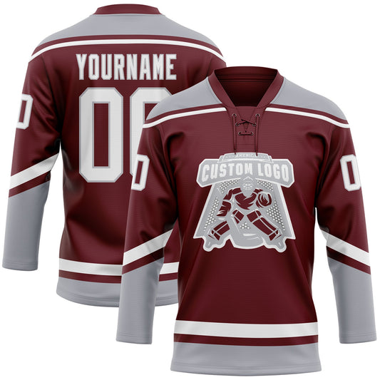 Custom Burgundy White-Gray Hockey Lace Neck Jersey - Sky-Custom