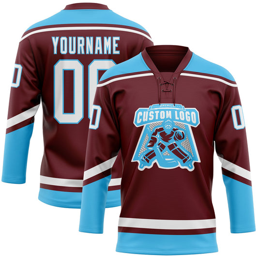 Custom Burgundy White-Sky Blue Hockey Lace Neck Jersey - Sky-Custom