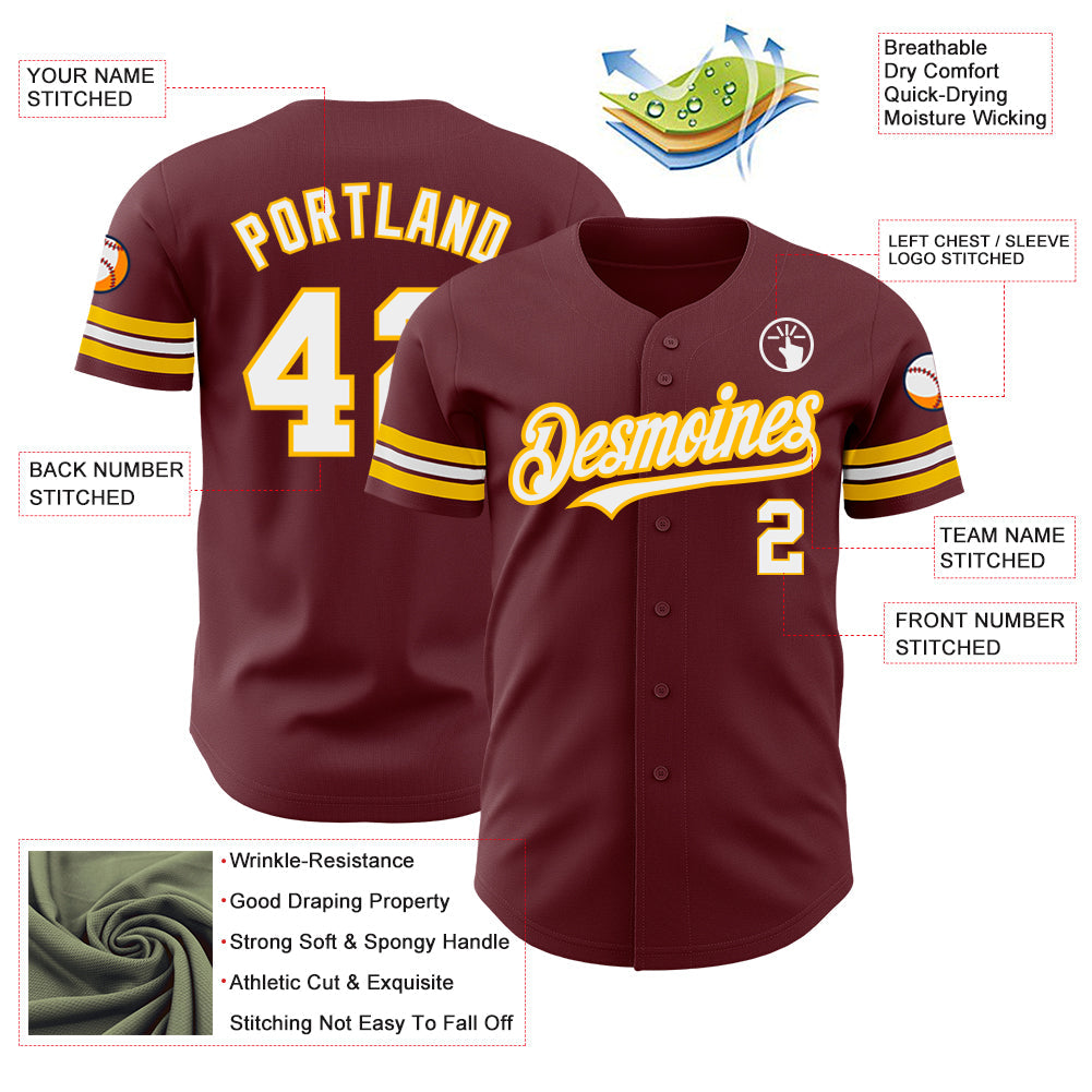 Custom Burgundy White-Gold Authentic Baseball Jersey - Sky-Custom