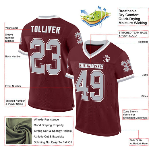 Custom Burgundy Gray-White Mesh Authentic Throwback Football Jersey - Sky-Custom