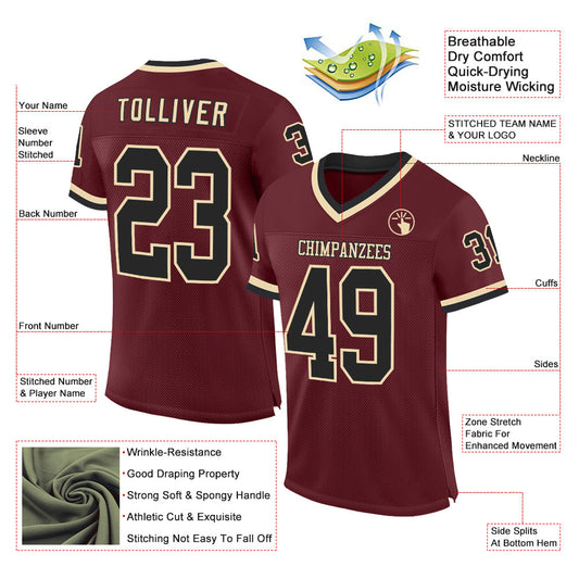 Custom Burgundy Black-Cream Mesh Authentic Throwback Football Jersey - Sky-Custom