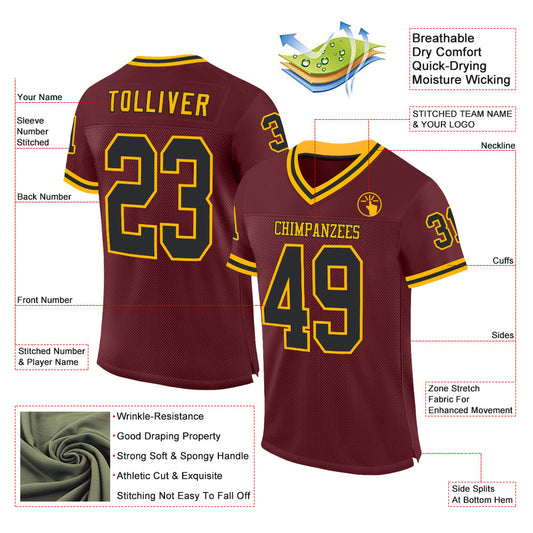 Custom Burgundy Black-Gold Mesh Authentic Throwback Football Jersey - Sky-Custom