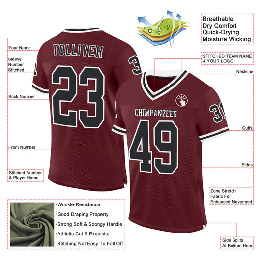 Custom Burgundy Black-White Mesh Authentic Throwback Football Jersey - Sky-Custom