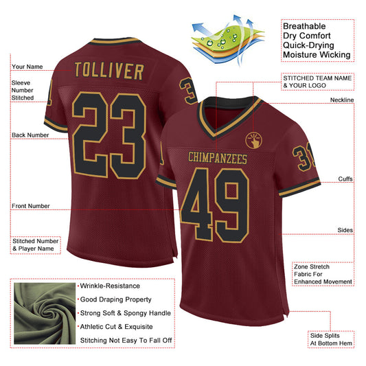 Custom Burgundy Black-Old Gold Mesh Authentic Throwback Football Jersey - Sky-Custom