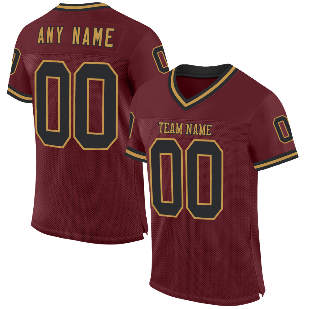 Custom Burgundy Black-Old Gold Mesh Authentic Throwback Football Jersey - Sky-Custom
