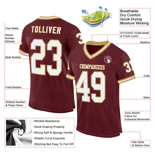 Custom Burgundy White-Old Gold Mesh Authentic Throwback Football Jersey - Sky-Custom