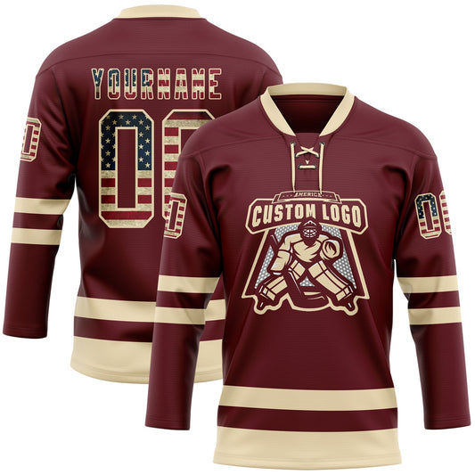 Custom Burgundy Vintage USA Flag-Cream Hockey Lace Neck Jersey - Sky-Custom