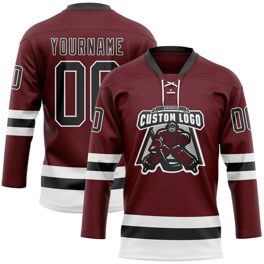 Custom Burgundy Black-White Hockey Lace Neck Jersey - Sky-Custom
