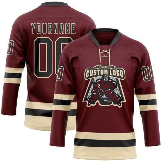 Custom Burgundy Black-Cream Hockey Lace Neck Jersey - Sky-Custom