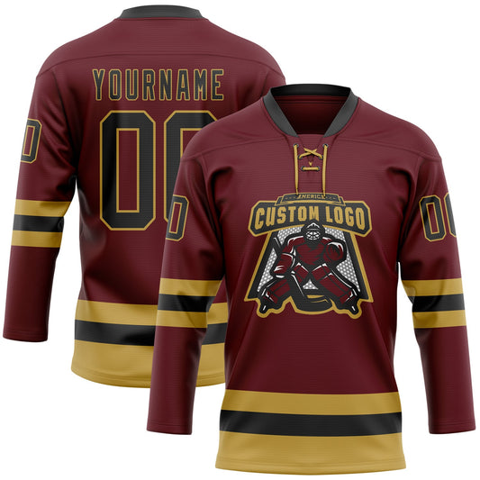 Custom Burgundy Black-Old Gold Hockey Lace Neck Jersey - Sky-Custom