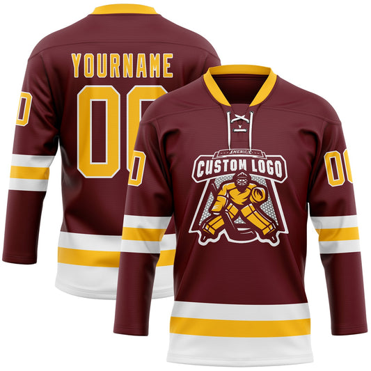 Custom Burgundy Gold-White Hockey Lace Neck Jersey - Sky-Custom