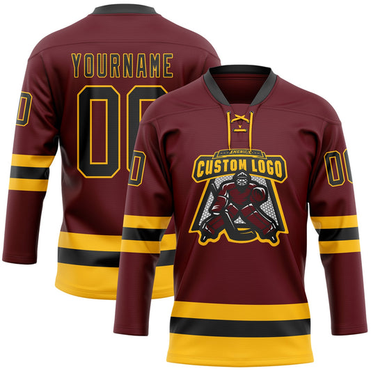 Custom Burgundy Black-Gold Hockey Lace Neck Jersey - Sky-Custom