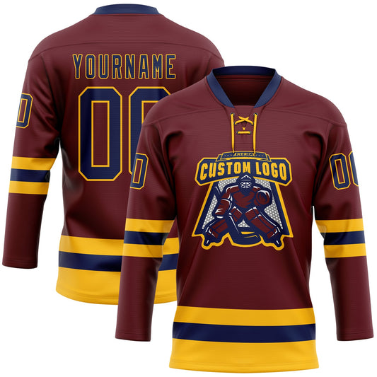 Custom Burgundy Navy-Gold Hockey Lace Neck Jersey - Sky-Custom