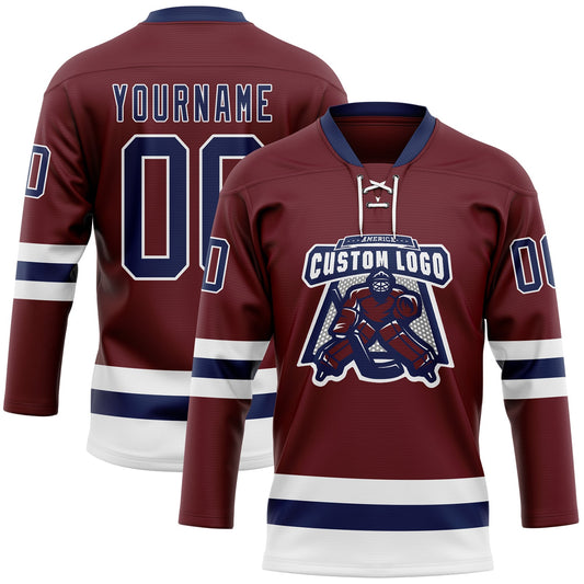Custom Burgundy Navy-White Hockey Lace Neck Jersey - Sky-Custom
