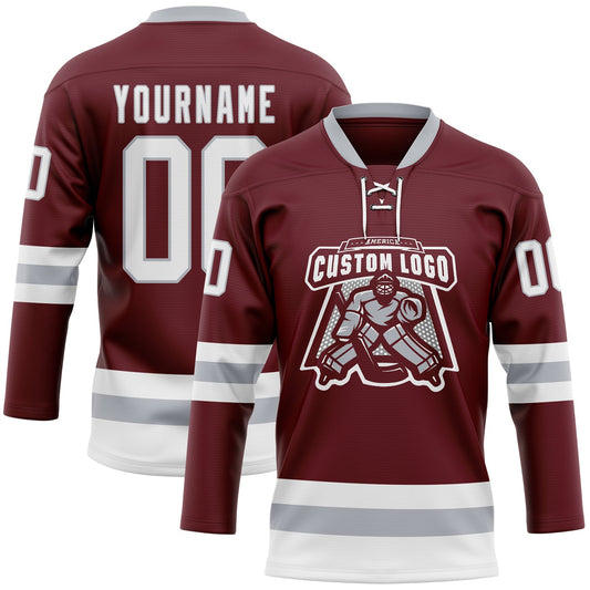 Custom Burgundy White-Gray Hockey Lace Neck Jersey - Sky-Custom