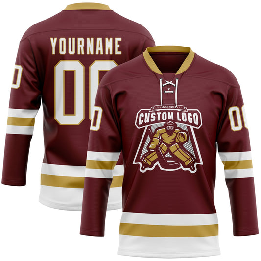 Custom Burgundy White-Old Gold Hockey Lace Neck Jersey - Sky-Custom
