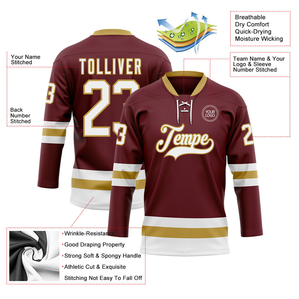 Custom Burgundy White-Old Gold Hockey Lace Neck Jersey - Sky-Custom