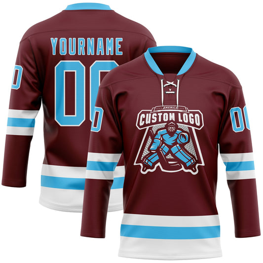 Custom Burgundy Sky Blue-White Hockey Lace Neck Jersey - Sky-Custom
