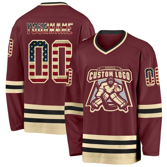 Custom Burgundy Vintage USA Flag Cream-Black Hockey Jersey - Sky-Custom