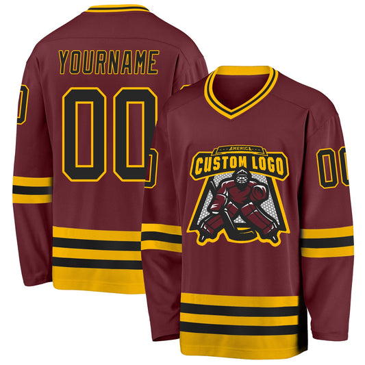 Custom Burgundy Black-Gold Hockey Jersey - Sky-Custom