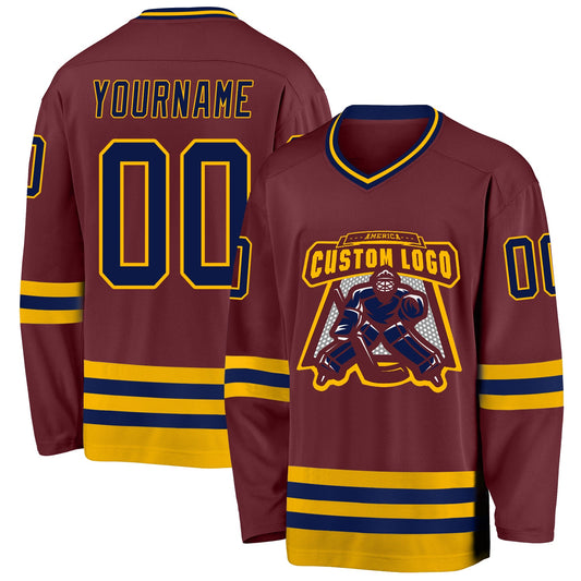 Custom Burgundy Navy-Gold Hockey Jersey - Sky-Custom