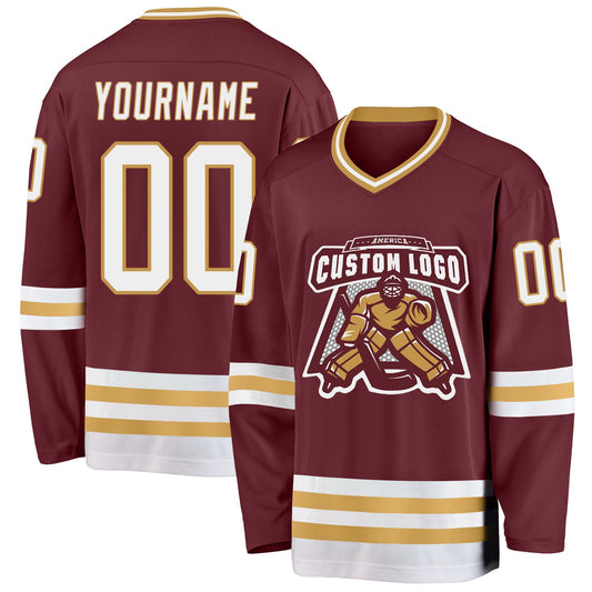 Custom Burgundy White-Old Gold Hockey Jersey - Sky-Custom