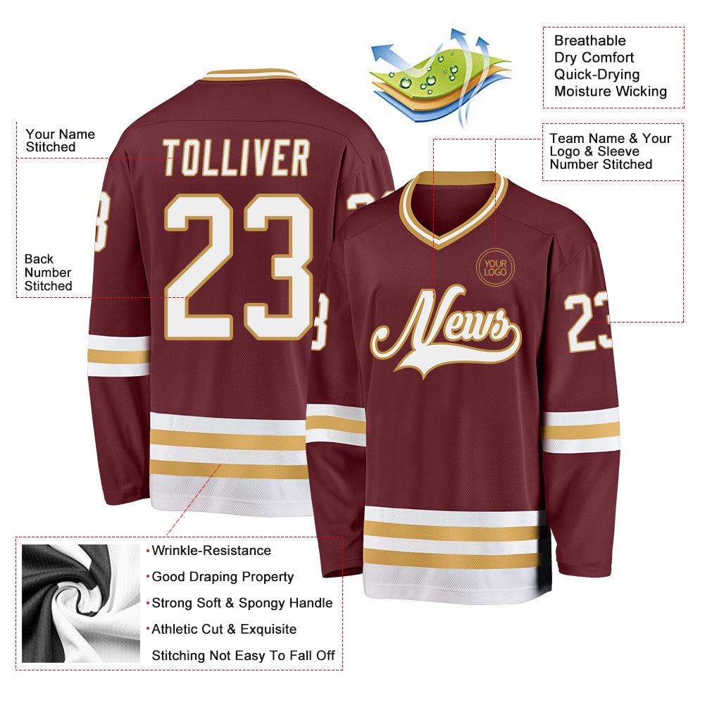 Custom Burgundy White-Old Gold Hockey Jersey - Sky-Custom
