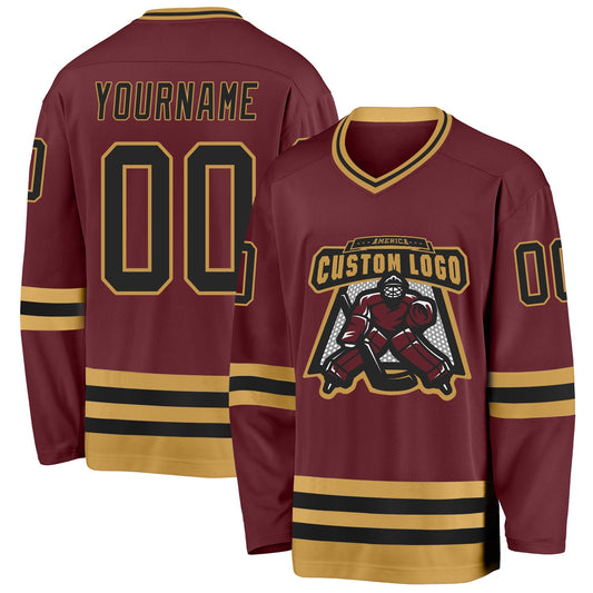 Custom Burgundy Black-Old Gold Hockey Jersey - Sky-Custom