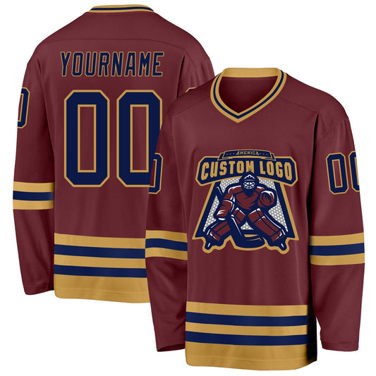 Custom Burgundy Navy-Old Gold Hockey Jersey - Sky-Custom