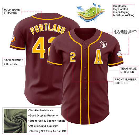 Custom Burgundy Gold-White Authentic Baseball Jersey - Sky-Custom