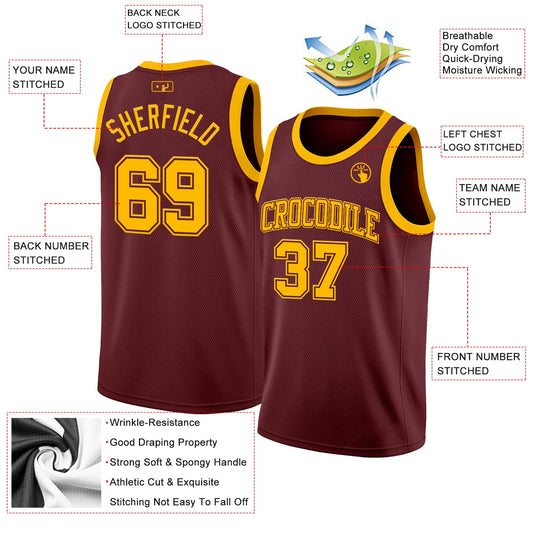 Custom Burgundy Gold Authentic Basketball Jersey - Sky-Custom