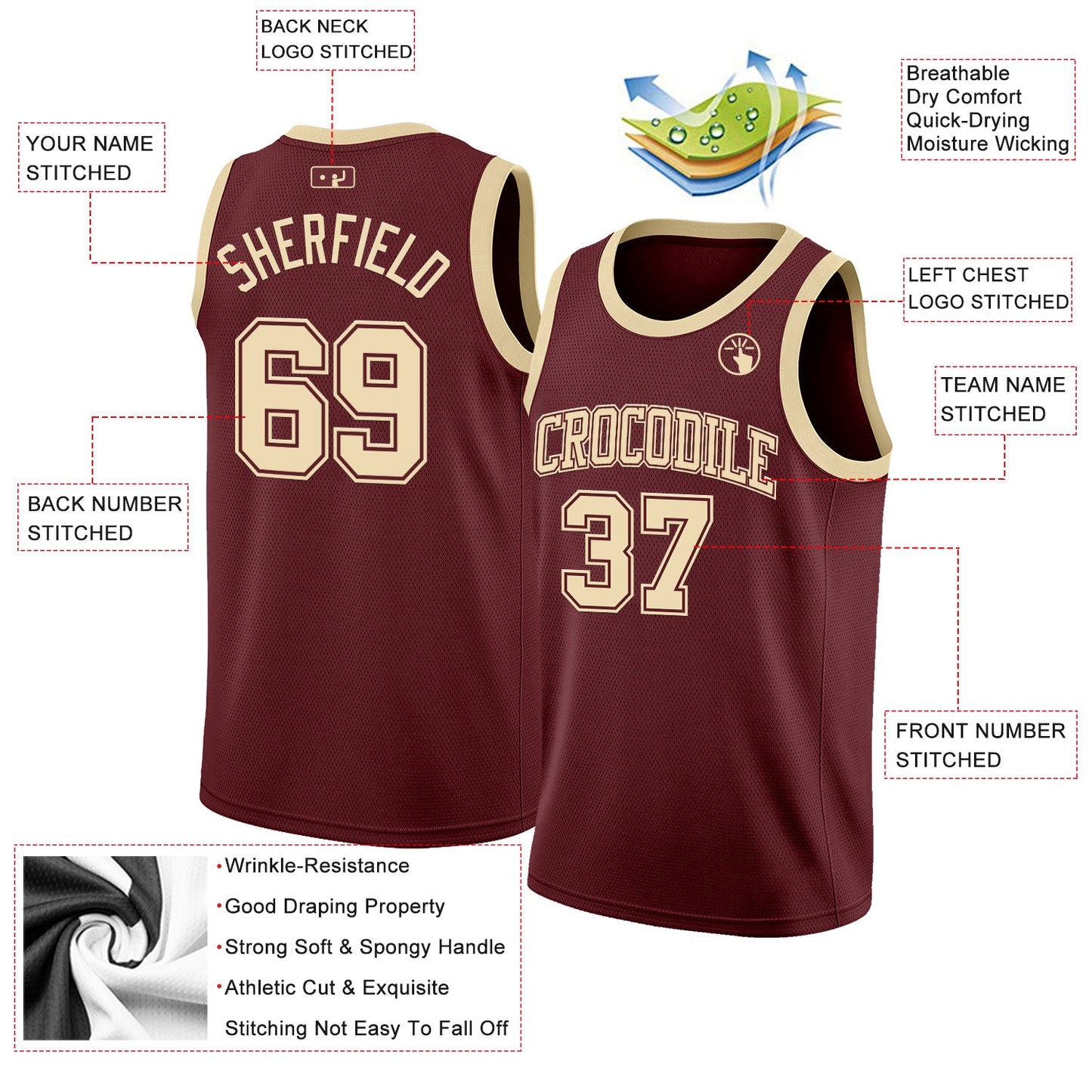 Custom Burgundy Cream Authentic Basketball Jersey - Sky-Custom