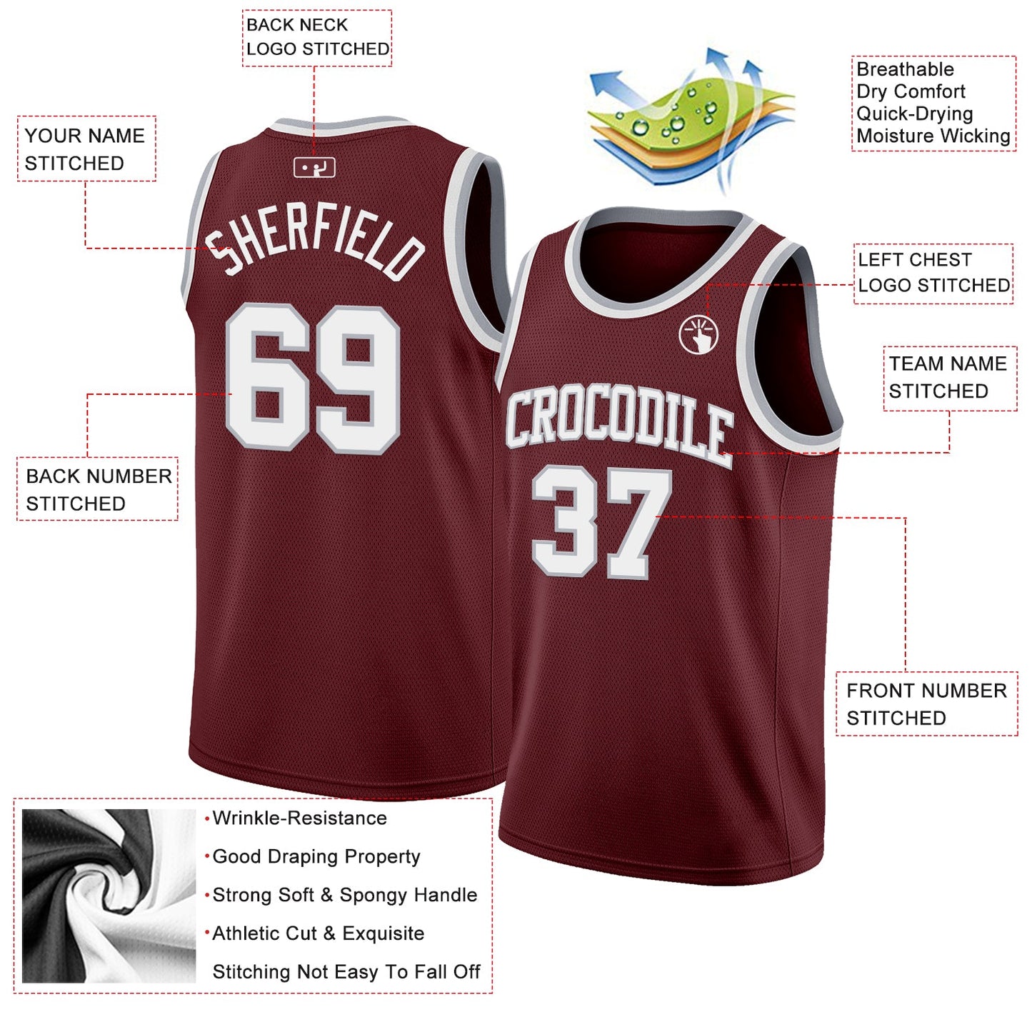 Custom Burgundy White-Gray Authentic Basketball Jersey - Sky-Custom