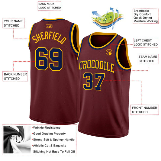 Custom Burgundy Navy-Gold Authentic Basketball Jersey - Sky-Custom