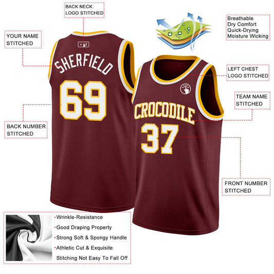 Custom Burgundy White-Gold Authentic Basketball Jersey - Sky-Custom