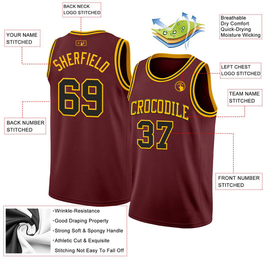 Custom Burgundy Black-Gold Authentic Basketball Jersey - Sky-Custom