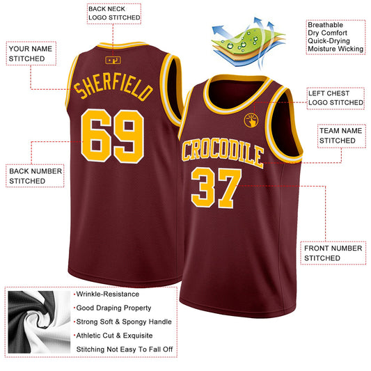 Custom Burgundy Gold-White Authentic Basketball Jersey - Sky-Custom