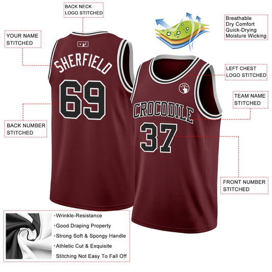 Custom Burgundy Black-White Authentic Basketball Jersey - Sky-Custom